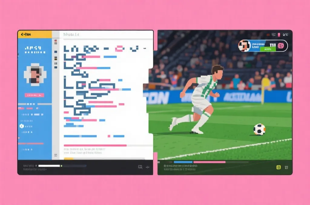 A split screen concept illustration, one side showing a lagging pixelated sports stream, the other side showing a crystal clear real-time live match stream with smooth motion