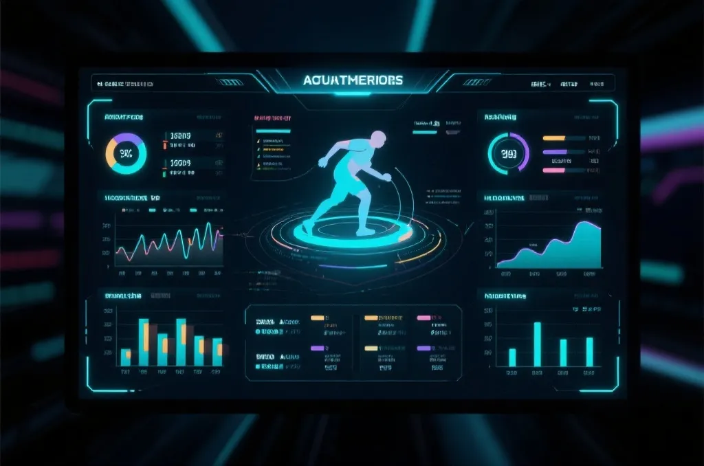 High-tech digital dashboard displaying abstract sports analytics, charts, and data visualization elements on a dark neon screen