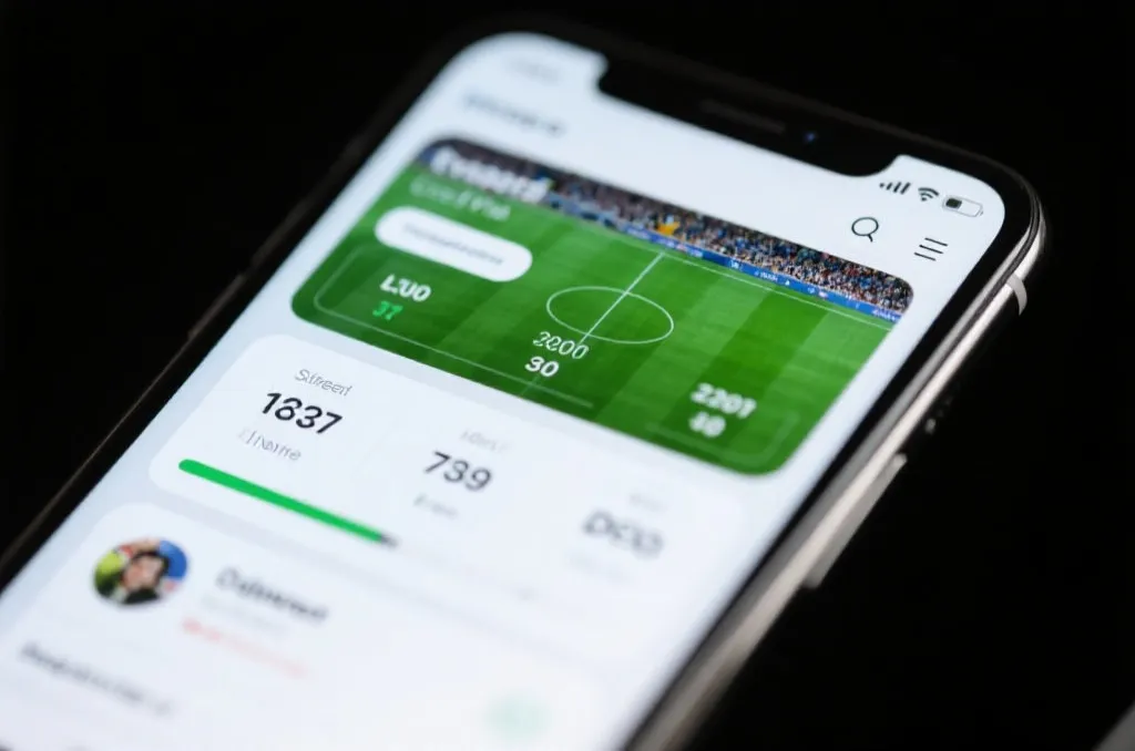 A sleek smartphone displaying a modern sports application interface with live match statistics