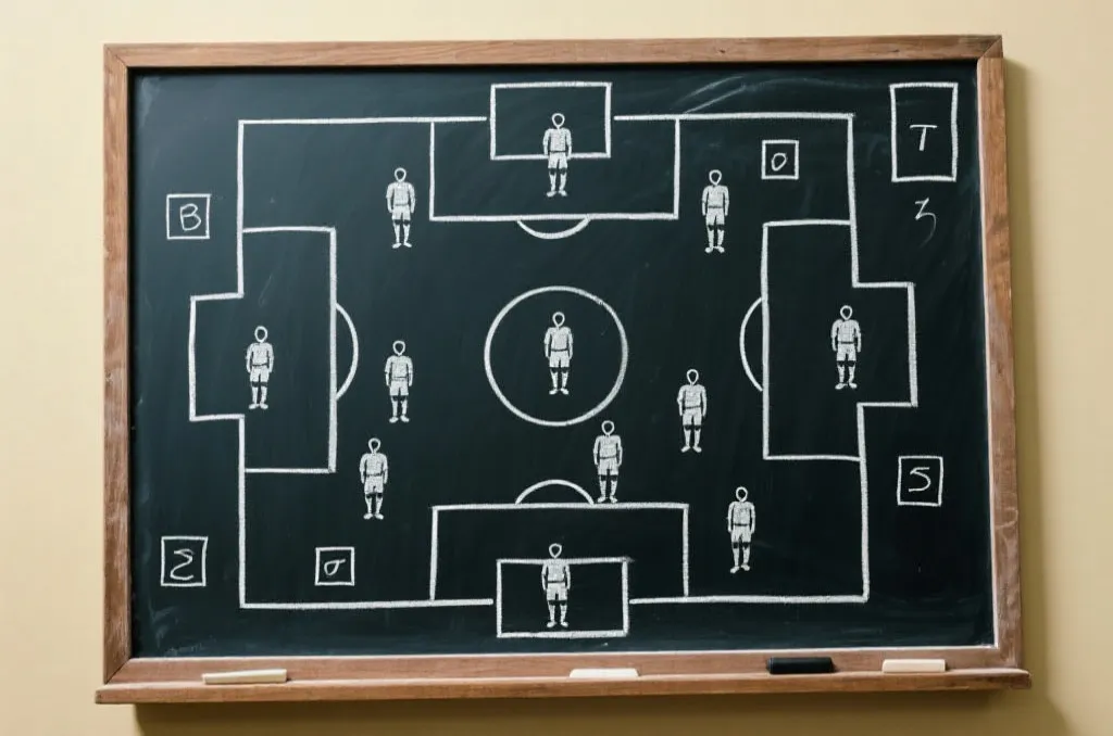 A tactical football chalkboard with player formations and strategic diagrams