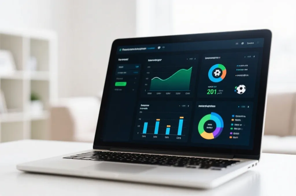 A close-up of a laptop screen displaying a sports performance dashboard with charts, data visualizations, and soccer statistics, bright clean home office setting